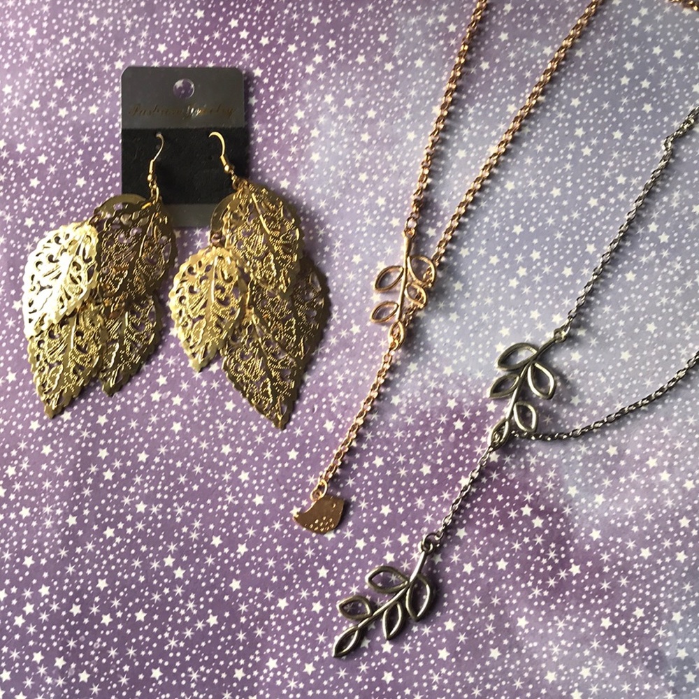 LEAF BRANCH BUNDLE DANGLY EARRINGS & NECKLACE LOT
